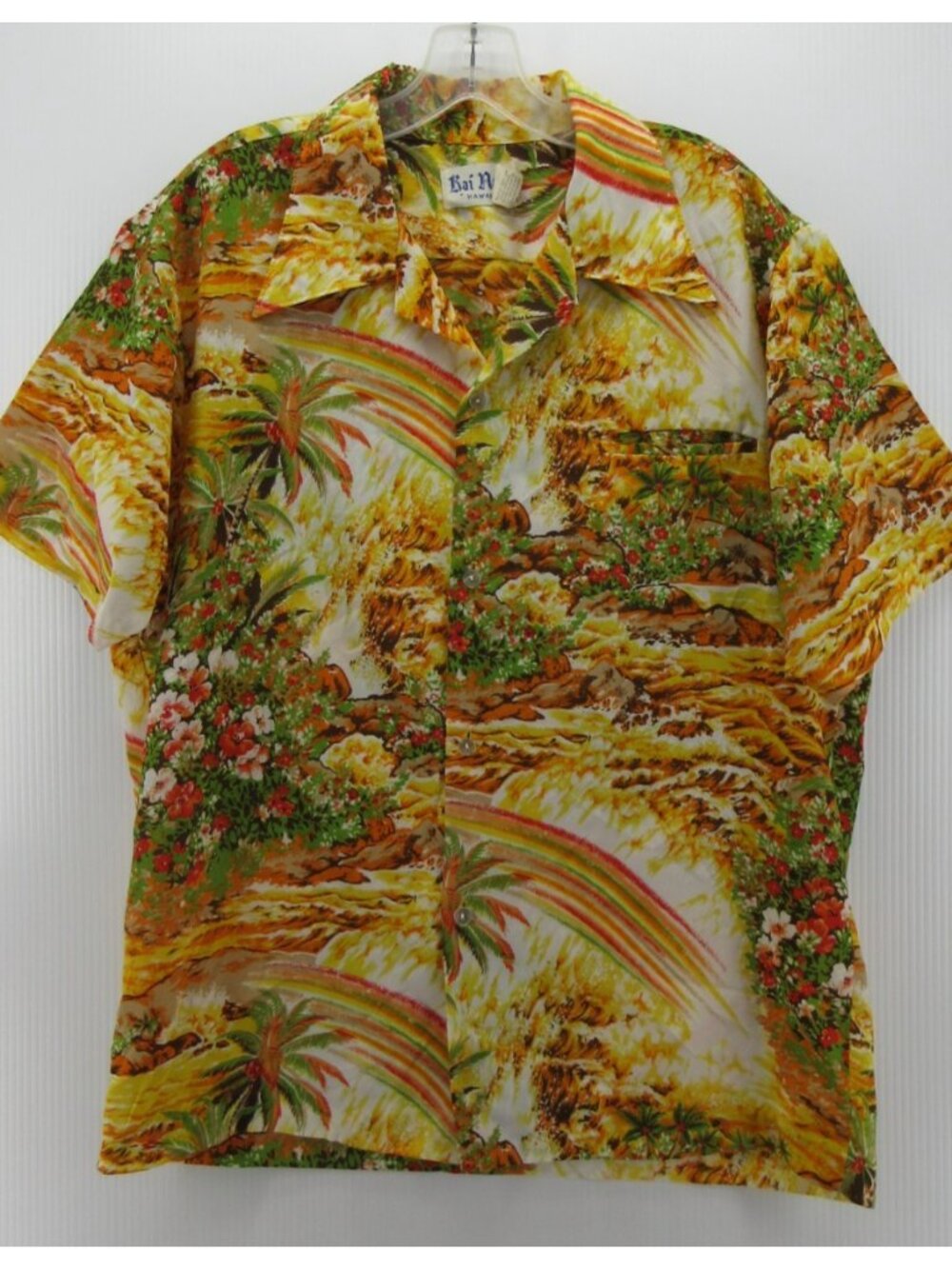 VINTAGE Kai Nani Shirt XL Hawaiian Floral Camp Scenic Beach 60s 70s